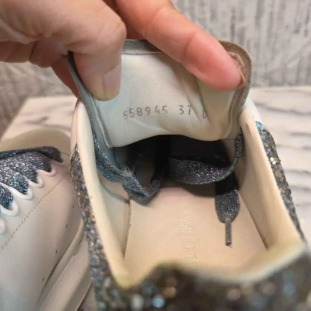 Alexander Mcqueen White Leather Sneaker Blue Galaxy Glitter Larry Women's Sz 7